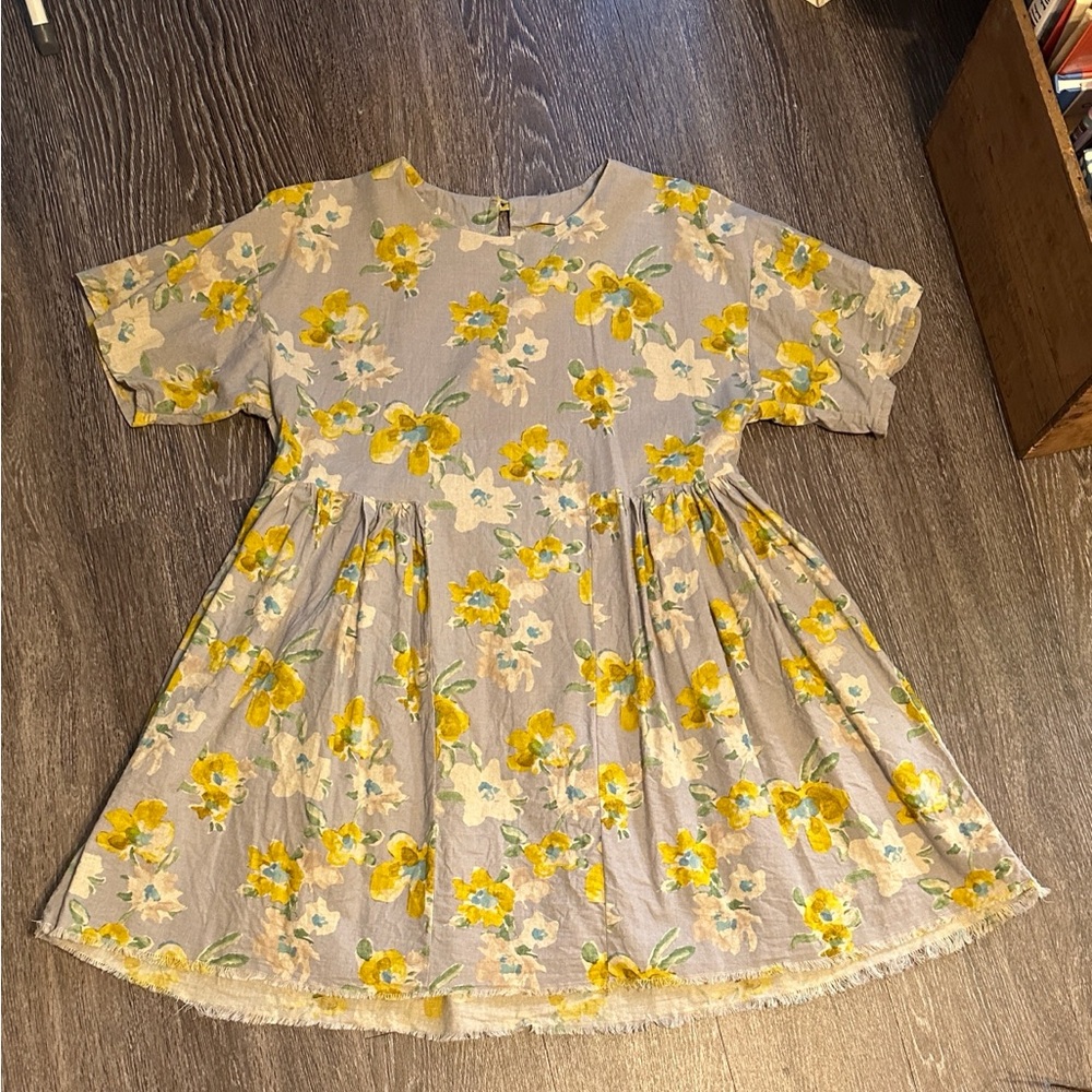 Handmade Watercolor Floral Gray and Mustard Linen Blend Lagenlook Tunic